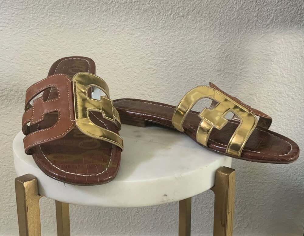 Sam Edelman Bay Slide Sandals Brown Croc Gold Metallic